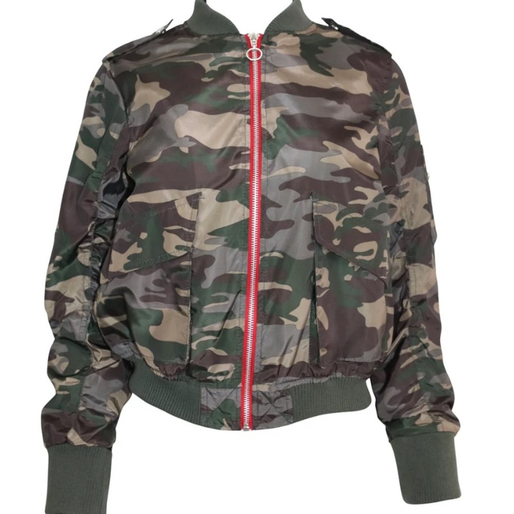 Camo Long Sleeve Bomber Jacket Full Zip Outerwear Coat Red Zipper Unisex Size XL